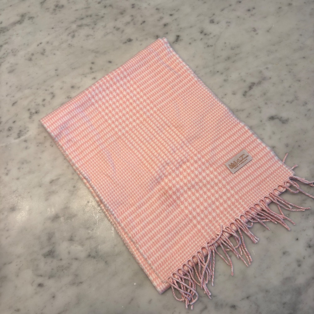 100% Cashmere Scarf Made in England Pink Plaid Fringe 12x64"